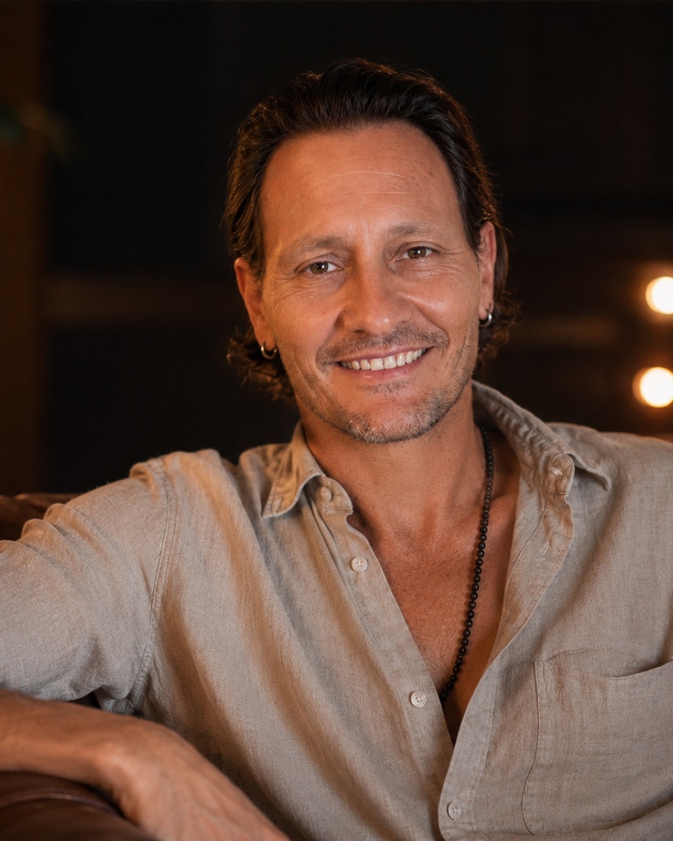 Alron Matthews, life coach, writer, and musician based in Dubai, smiling in a warm indoor portrait