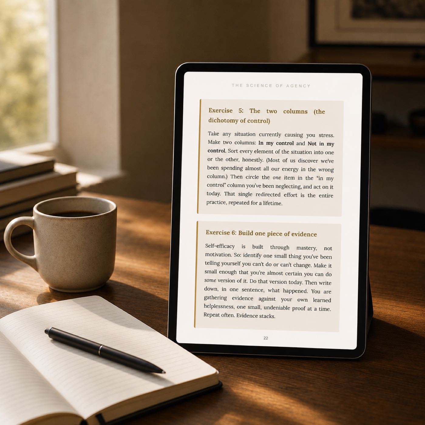 Tablet showing exercise pages from From Blame to Responsibility beside a notebook and coffee cup