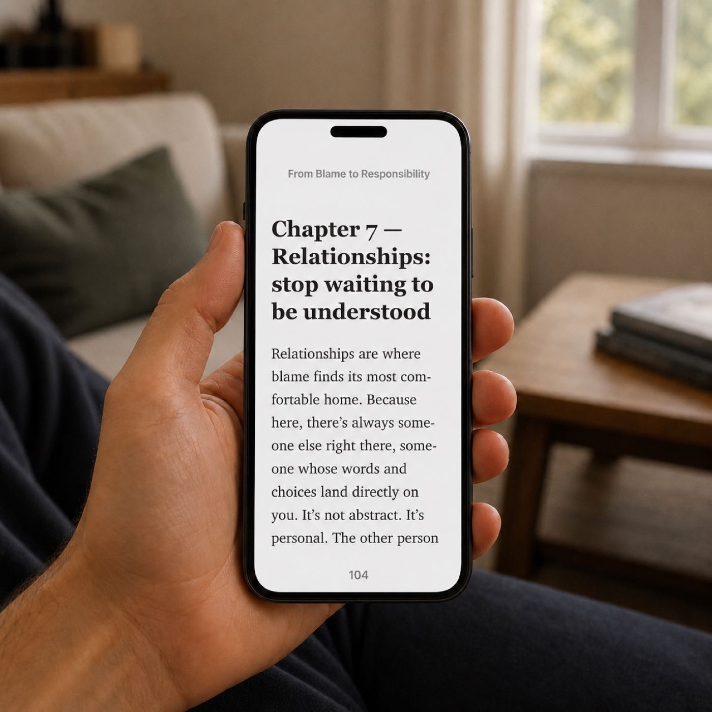 Phone showing a chapter page from From Blame to Responsibility