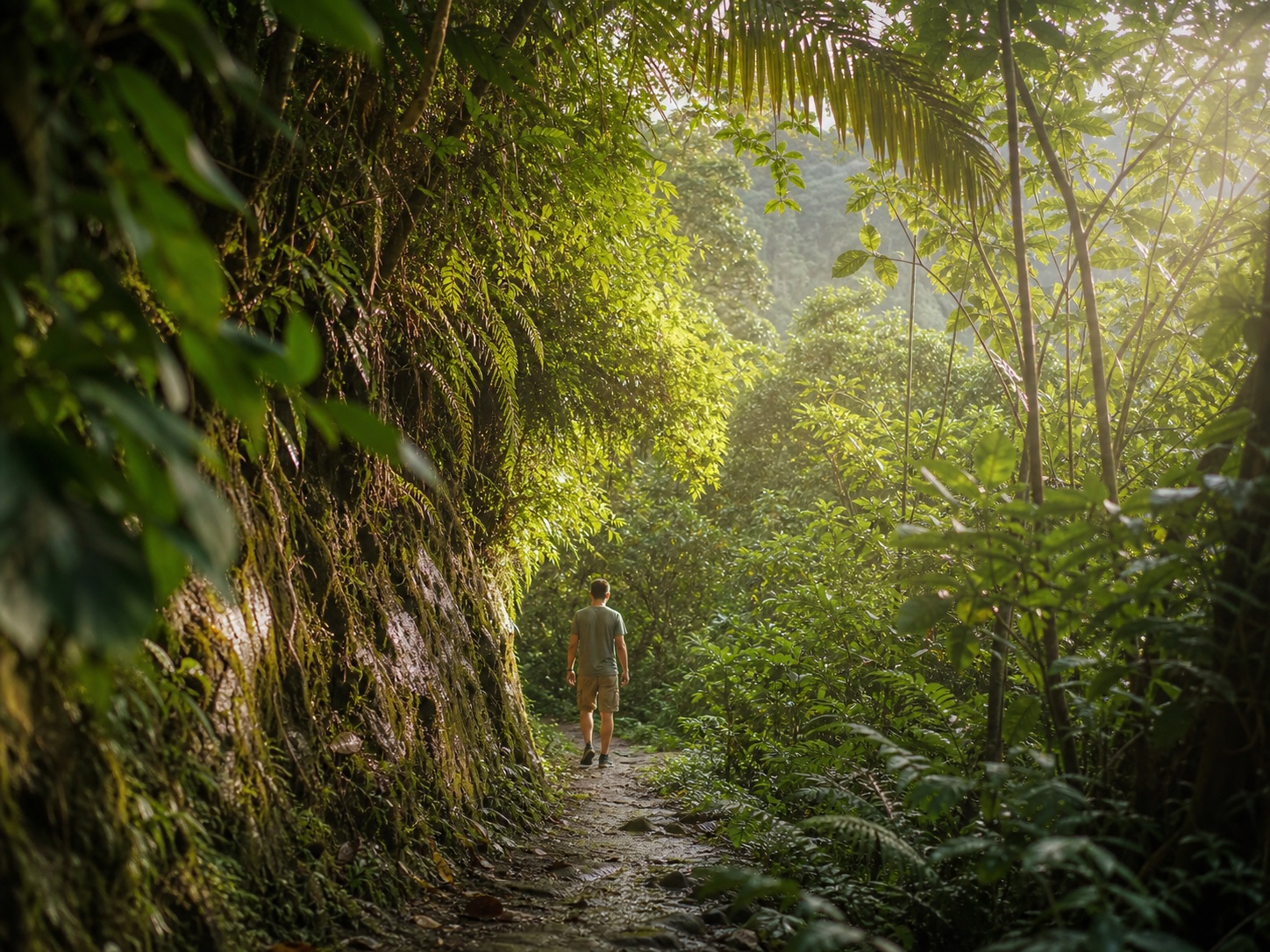 A person walking along a green forest path, representing the next grounded step toward renewal