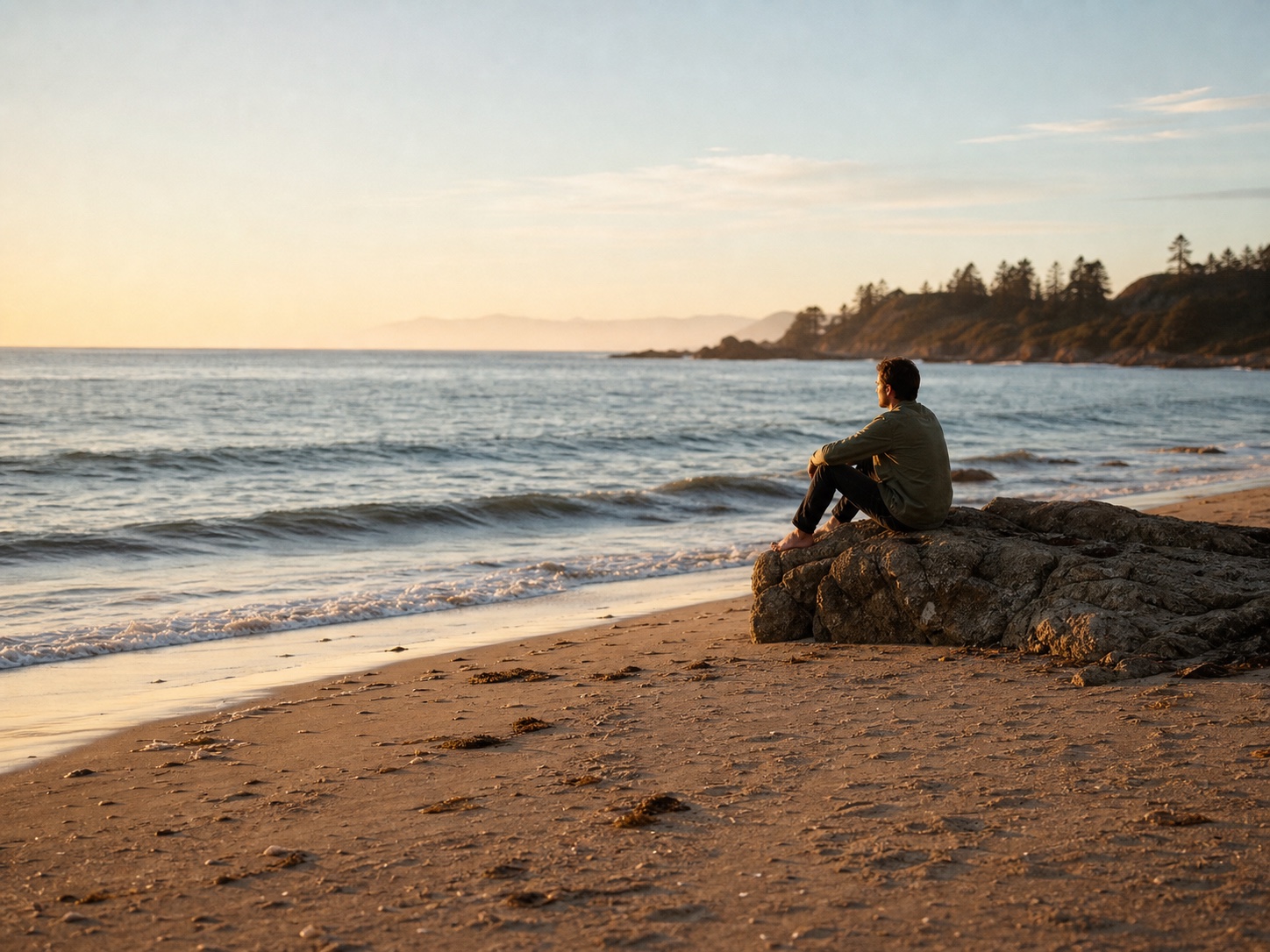 A calm beach at golden hour with a person sitting by the ocean, reflecting on returning to self