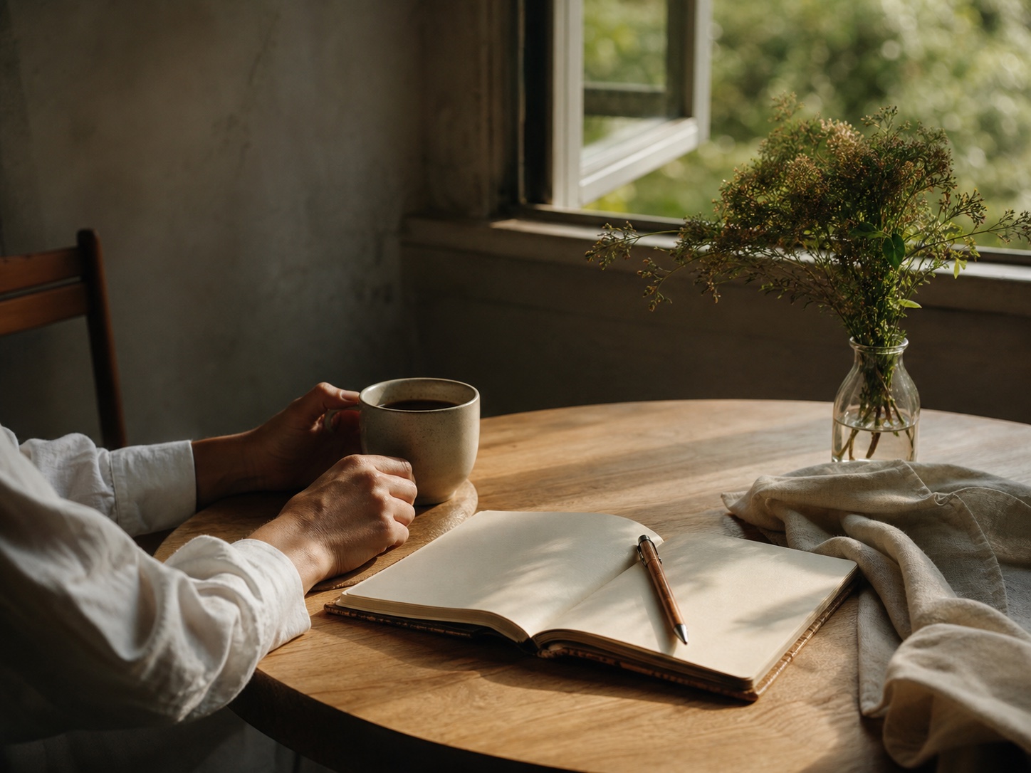 A quiet morning table with coffee, an open journal, and soft natural light for reflective coaching work